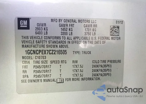 2012 Chevrolet Silverado 1500 Work Truck from USA, damaged, VIN 1GCNCPEX7CZ216505